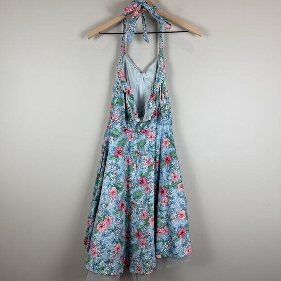 Hot Topic Tiki Blue Floral Swing Dress Small Summer Hawaiian Themed Retro 1950s - Picture 7 of 9
